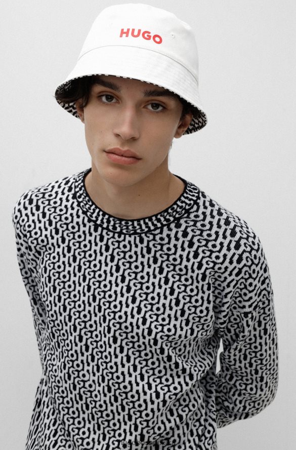 Hugo Boss Biały, dwustronny kapelusz typu Bucket z nadrukiem logo, wykonany z bawełnianego diagonalu hugo biały R0X0H65913