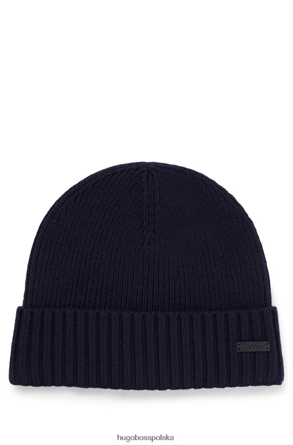 Hugo Boss Czapka beanie z dziewiczej wełny z naszywką z logo hugo ze sztucznej skóry w kolorze granatowym ciemny niebieski R0X0H65341