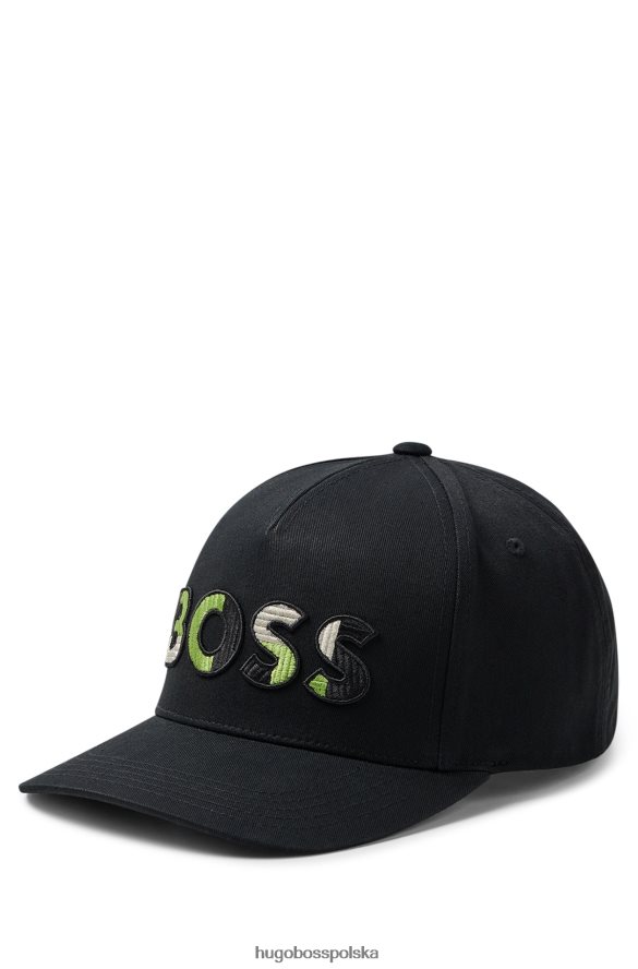 Hugo Boss Czarna czapka hugo z bawełnianego diagonalu z grafiką z logo czarny R0X0H65403