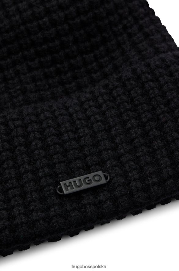 Hugo Boss Czarna czapka typu beanie Hugo z domieszką wełny i naszywką z logo czarny R0X0H65846