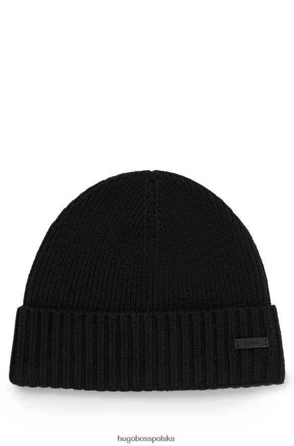 Hugo Boss Czarna czapka typu beanie hugo z dziewiczej wełny z naszywką z logo ze sztucznej skóry czarny R0X0H65343