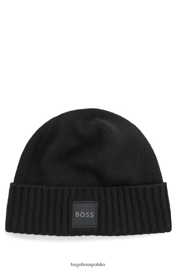 Hugo Boss Czarna dzianinowa czapka typu beanie hugo z tkaną naszywką z logo czarny R0X0H65115