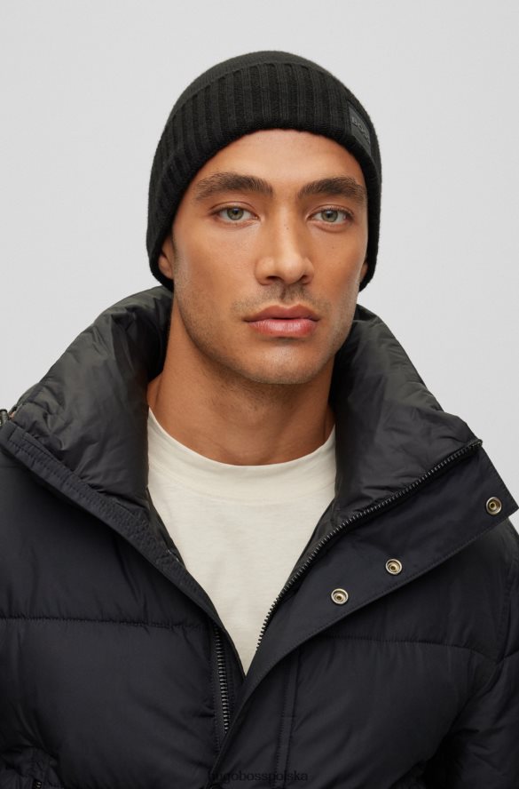 Hugo Boss Czarna dzianinowa czapka typu beanie hugo z tkaną naszywką z logo czarny R0X0H65115