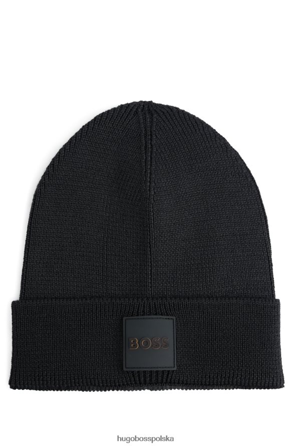 Hugo Boss Czarna prążkowana czapka typu beanie Hugo z silikonową naszywką z logo czarny R0X0H65715