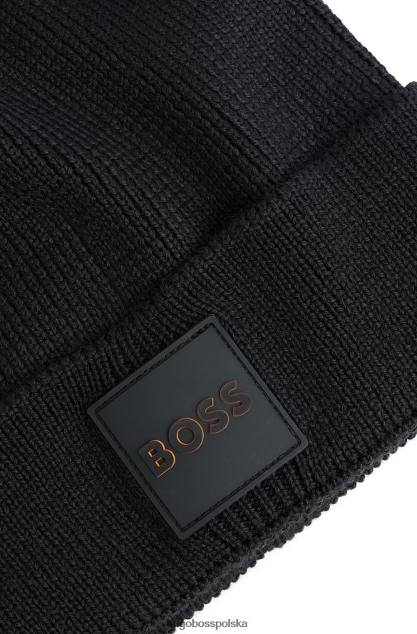 Hugo Boss Czarna prążkowana czapka typu beanie Hugo z silikonową naszywką z logo czarny R0X0H65715
