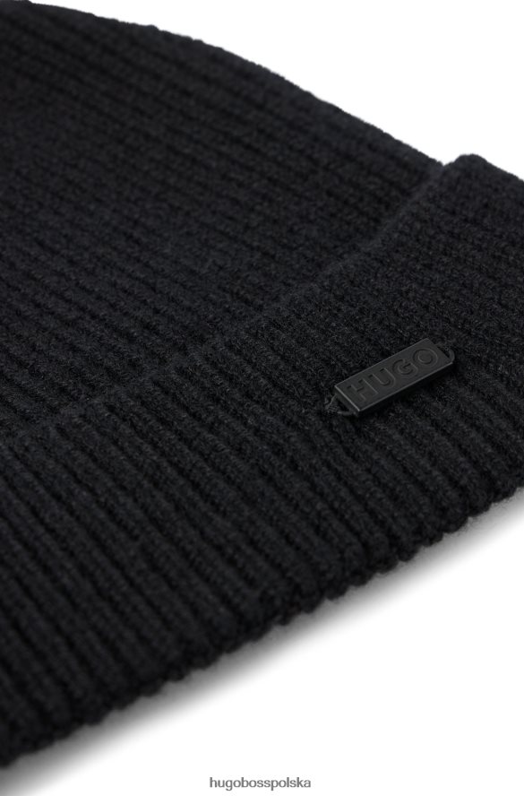 Hugo Boss Czarna prążkowana czapka typu beanie z odpowiedzialnego kaszmiru z logo hugo czarny R0X0H65206