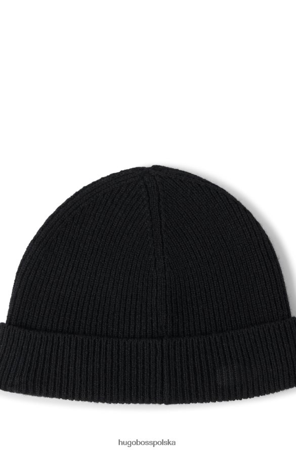 Hugo Boss Czarna prążkowana czapka typu beanie z odpowiedzialnego kaszmiru z logo hugo czarny R0X0H65206