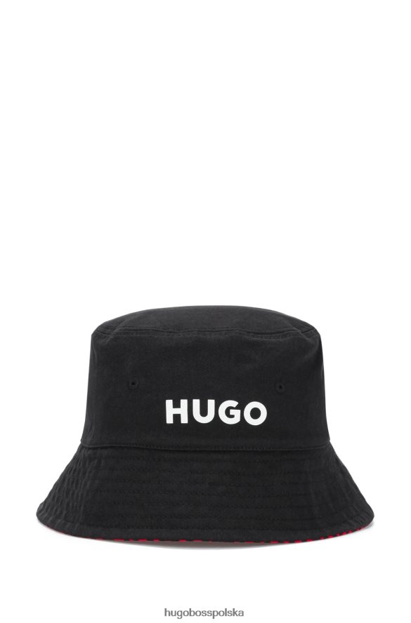 Hugo Boss Dwustronny kapelusz typu Bucket z nadrukiem logo, wykonany z bawełnianego diagonalu Hugo w kolorze czarnym czarny R0X0H65914