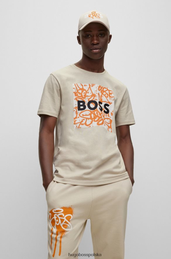 Hugo Boss Jasnobeżowa czapka hugo z logo graffiti, wykonana z bawełnianego diagonalu jasny beż R0X0H65324