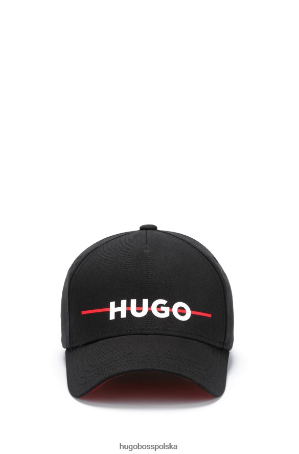 Hugo Boss czarna czapka hugo z bawełnianego diagonalu z logo i czerwonym paskiem czarny R0X0H65444