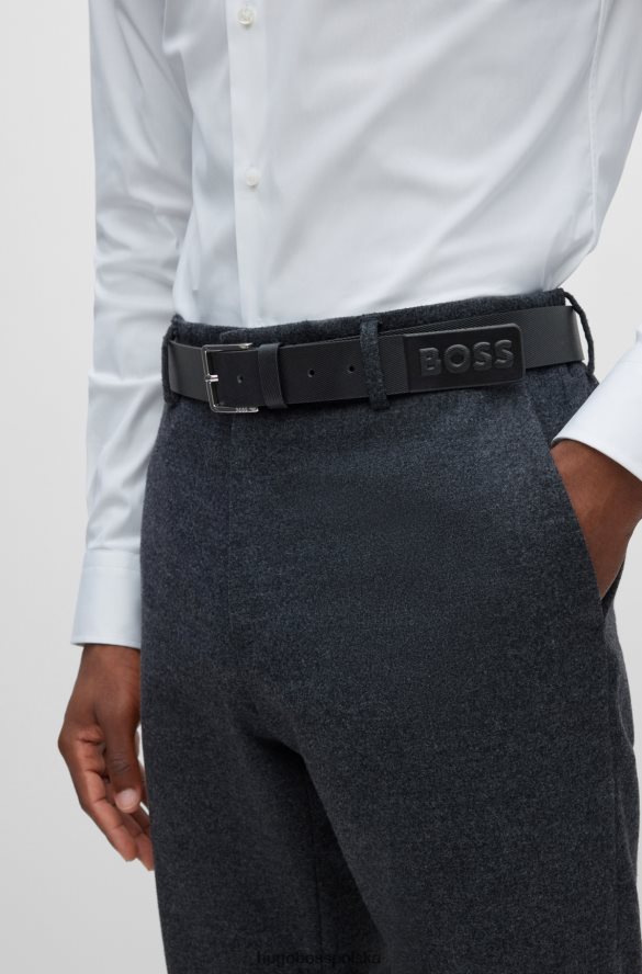 Hugo Boss czarny strukturalny pasek z włoskiej skóry z logo hugo na końcu czarny R0X0H65150