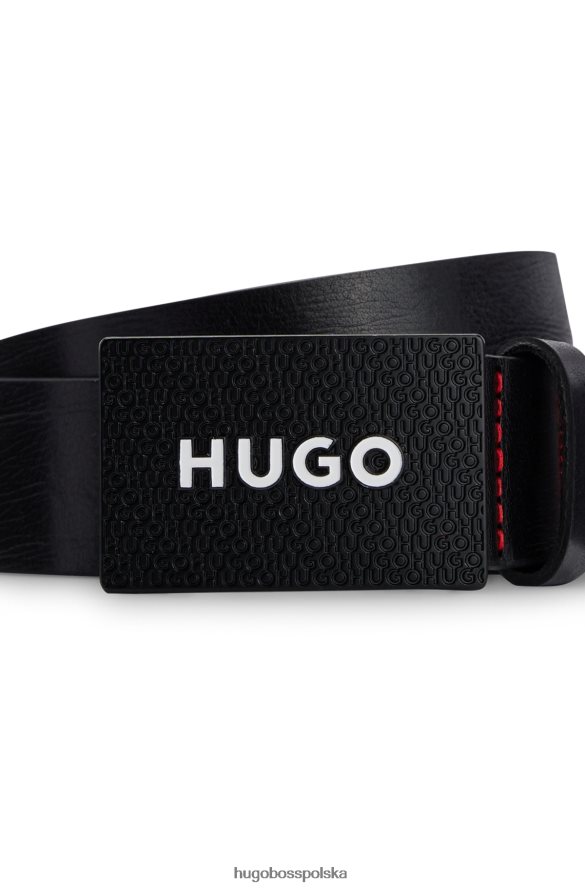 Hugo Boss czarny, włosko-skórzany pasek hugo z markową klamrą w kształcie blaszki czarny R0X0H65493