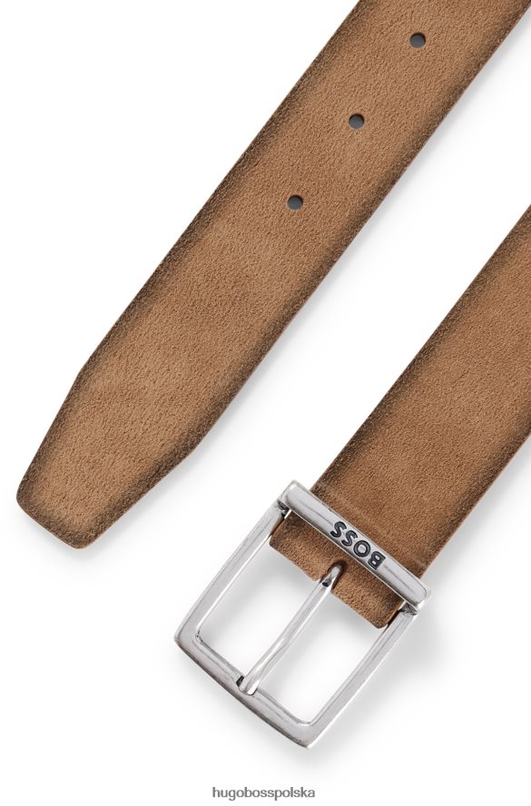 Hugo Boss zamszowy pasek z kwadratową klamrą i wygrawerowanym logo Hugo w kolorze jasnobrązowym jasnobrązowy R0X0H65249