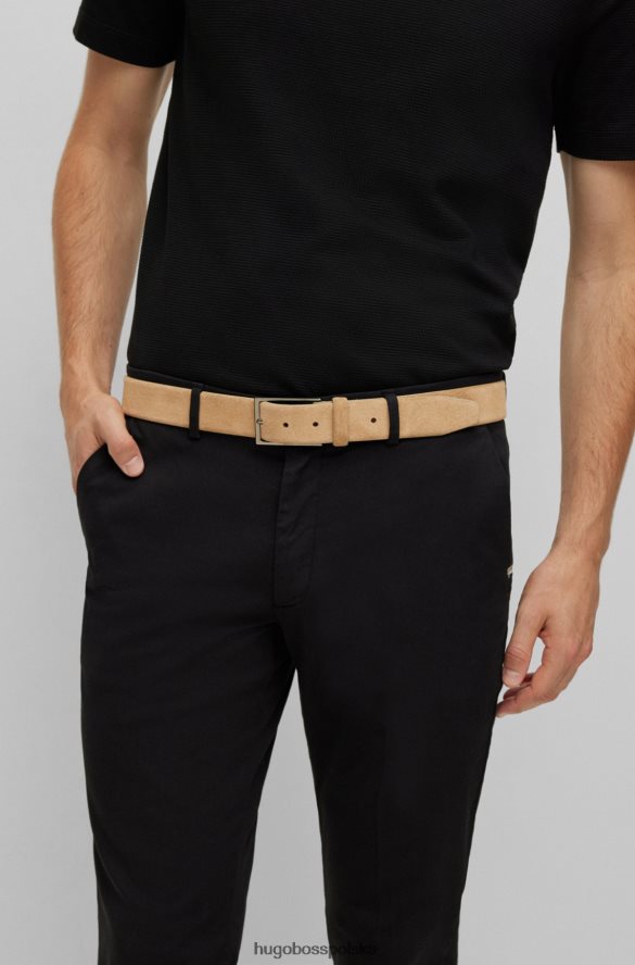 Hugo Boss zamszowy pasek z logo i brązową klamrą, beżowy hugo beżowy R0X0H65275