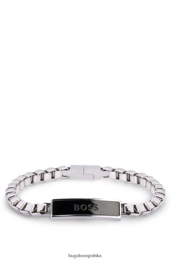 Hugo Boss mankiet z łańcuszkiem pudełkowym i czarną blaszką z logo w kolorze srebrnym hugo srebro R0X0H65861