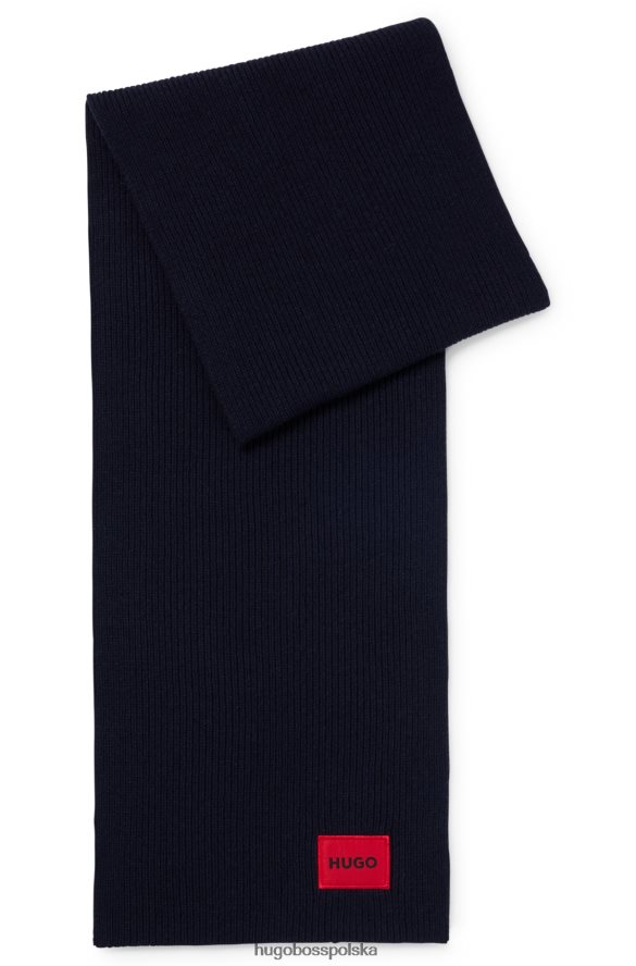 Hugo Boss Ciemnoniebieski prążkowany szalik z mieszanki wełny z czerwoną metką z logo hugo ciemny niebieski R0X0H65055