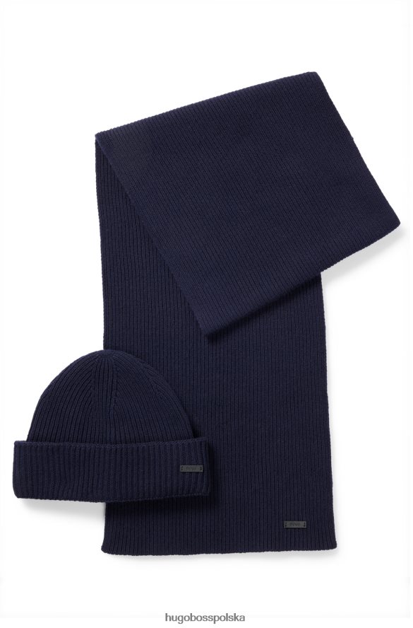 Hugo Boss Zestaw ciemnoniebieskiego szalika hugo i czapki beanie z logo ze sztucznej skóry ciemny niebieski R0X0H65065