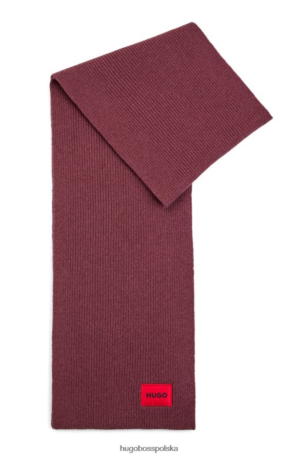 Hugo Boss prążkowany szalik z mieszanki wełny z czerwoną metką z logo, ciemnobrązowy hugo ciemny brąz R0X0H65054