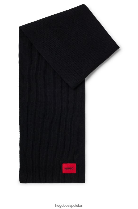 Hugo Boss prążkowany szalik z mieszanki wełny z czerwoną metką z logo hugo w kolorze czarnym czarny R0X0H65056