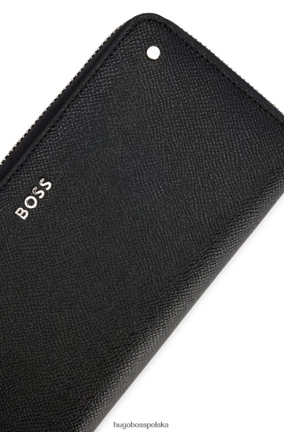 Hugo Boss Czarny portfel Hugo ze skóry ziarnistej, zapinany na zamek z paskiem na nadgarstek czarny R0X0H65936