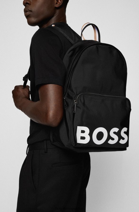 Hugo Boss czarny plecak z materiałów pochodzących z recyklingu z charakterystyczną taśmą hugo w paski czarny R0X0H65301