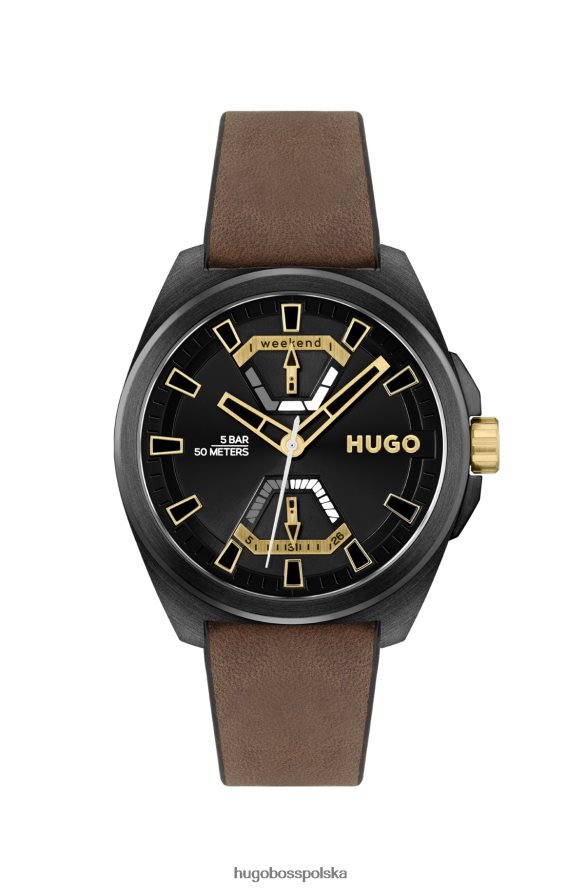 Hugo Boss Hugo Assorted – czarny, platerowany zegarek z brązowym skórzanym paskiem różne opakowania wstępne R0X0H65506