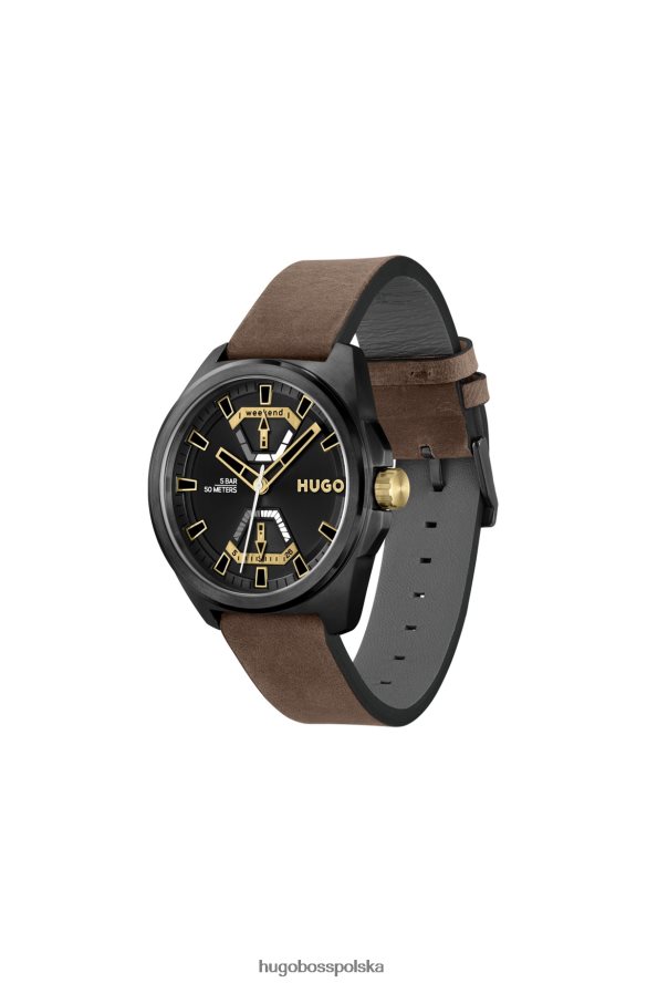 Hugo Boss Hugo Assorted – czarny, platerowany zegarek z brązowym skórzanym paskiem różne opakowania wstępne R0X0H65506
