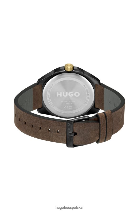 Hugo Boss Hugo Assorted – czarny, platerowany zegarek z brązowym skórzanym paskiem różne opakowania wstępne R0X0H65506