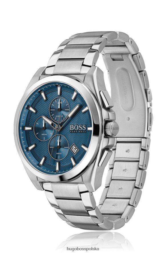 Hugo Boss chronograf ze stali nierdzewnej z niebieską teksturowaną tarczą, zestaw hugo w zestawie różne opakowania wstępne R0X0H65328