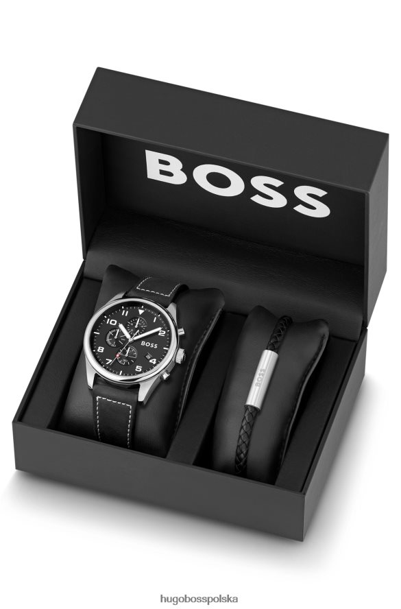 Hugo Boss różne zestawy chronografów Hugo ze skórzanym paskiem i czarną tarczą różne opakowania wstępne R0X0H65284