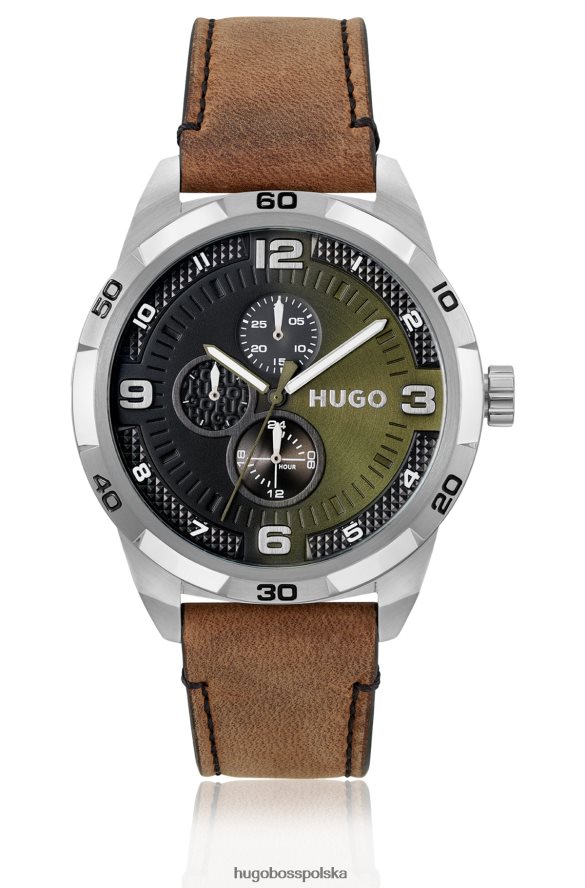 Hugo Boss zegarek z oliwkową tarczą i skórzanym paskiem, wybór w pre-packu hugo różne opakowania wstępne R0X0H65379