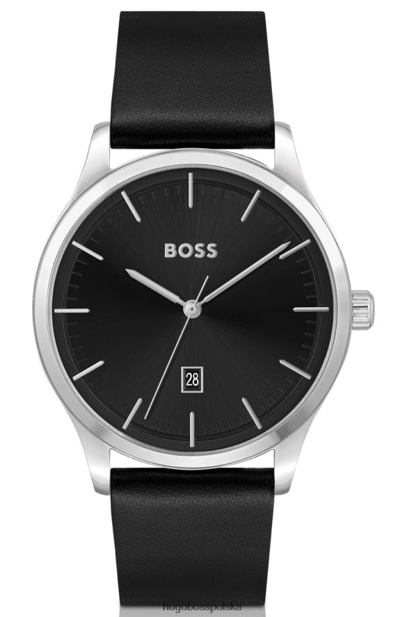 Hugo Boss zegarek ze stali nierdzewnej z czarną tarczą i skórzanym paskiem, zestaw hugo różne opakowania wstępne R0X0H65322