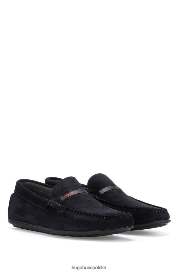Hugo Boss Granatowe, zamszowe mokasyny Hugo z czerwonym logo ciemny niebieski R0X0H64707