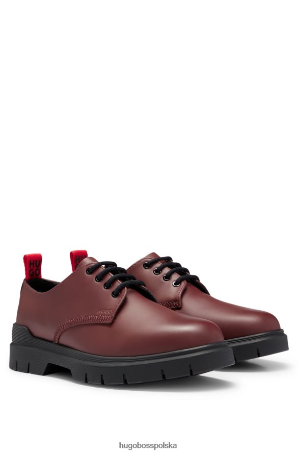 Hugo Boss Ciemnoczerwone skórzane sznurowane buty hugo z taśmą z logo ciemno czerwony R0X0H65052