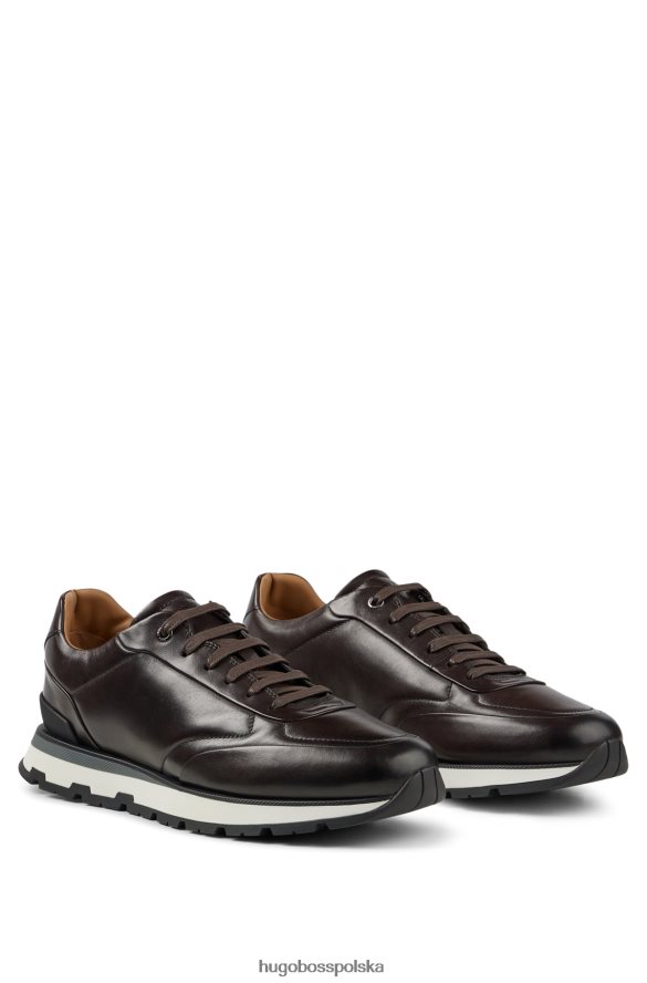 Hugo Boss Sznurowane buty sportowe hugo z włoskiej skóry z efektem polerowanego ciemnobrązowego ciemny brąz R0X0H64910