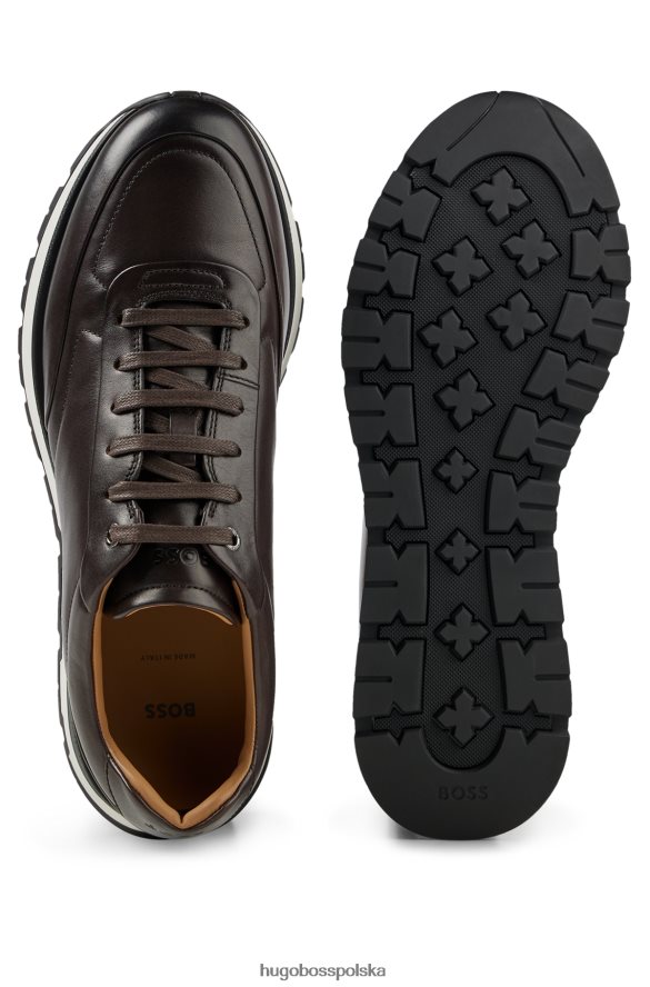 Hugo Boss Sznurowane buty sportowe hugo z włoskiej skóry z efektem polerowanego ciemnobrązowego ciemny brąz R0X0H64910