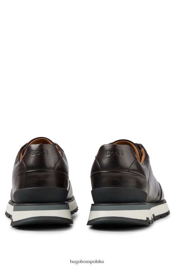 Hugo Boss Sznurowane buty sportowe hugo z włoskiej skóry z efektem polerowanego ciemnobrązowego ciemny brąz R0X0H64910