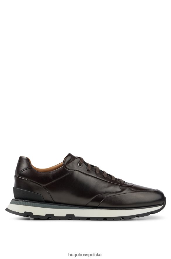 Hugo Boss Sznurowane buty sportowe hugo z włoskiej skóry z efektem polerowanego ciemnobrązowego ciemny brąz R0X0H64910