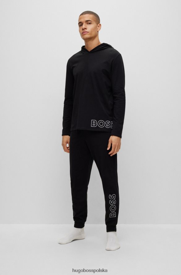 Hugo Boss Czarna piżamowa koszulka Hugo z rozciągliwej bawełny, z kapturem i nadrukiem logo czarny R0X0H61280