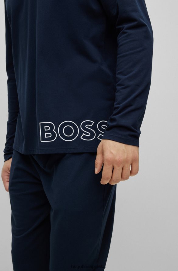 Hugo Boss Hugo Ciemnoniebieska piżamowa koszulka z kapturem i nadrukiem z logo ciemny niebieski R0X0H61281