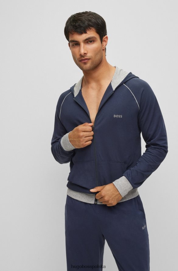 Hugo Boss ciemnoniebieska kurtka hugo z rozciągliwej bawełny z kapturem, lamówką i logo ciemny niebieski R0X0H63049