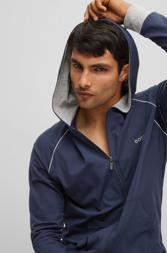 Hugo Boss ciemnoniebieska kurtka hugo z rozciągliwej bawełny z kapturem, lamówką i logo ciemny niebieski R0X0H63049