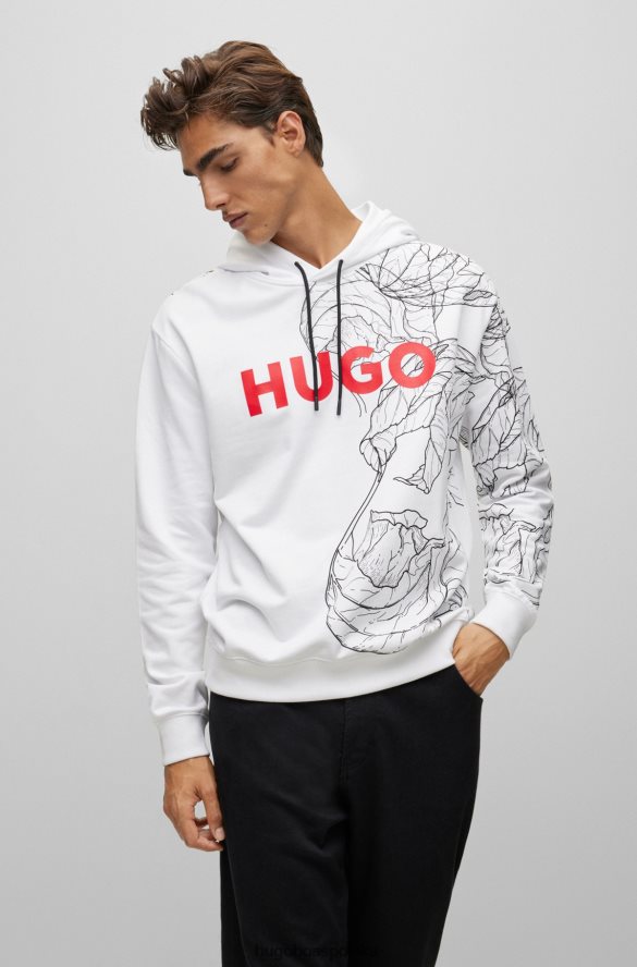 Hugo Boss Biała bluza z kapturem hugo z bawełny frotte i logo z nadrukiem inspirowanym tatuażem biały R0X0H62368
