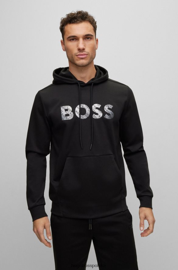 Hugo Boss Czarna bluza z kapturem Hugo z mieszanki bawełny i logo z efektem lustra czarny R0X0H63304