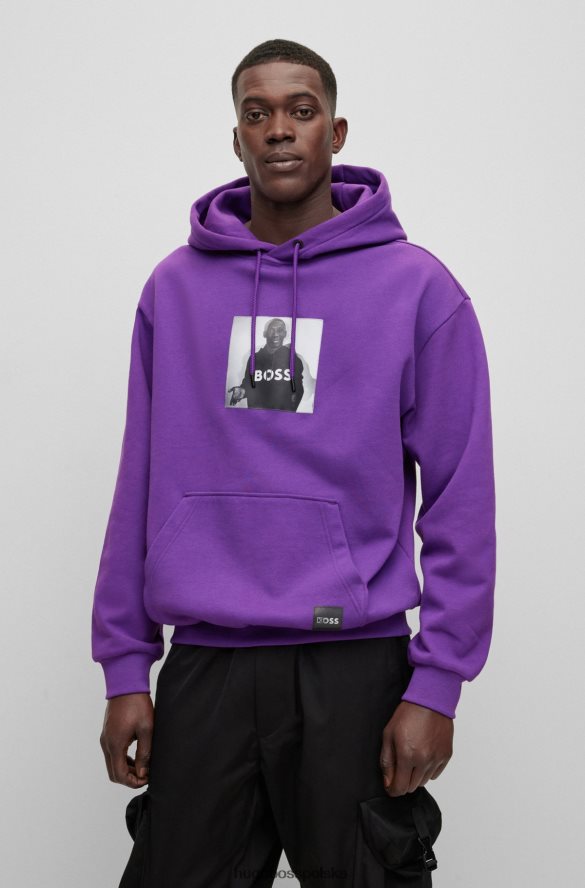 Hugo Boss x khaby, luźna bluza z kapturem z mieszanki bawełny z soczewkową grafiką ciemny fiolet R0X0H63897