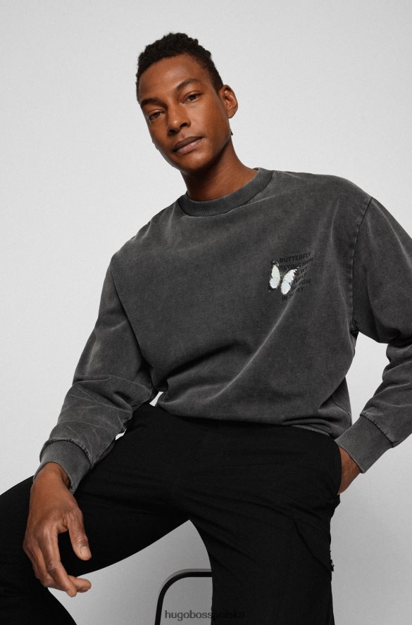 Hugo Boss ciemnoszara bluza z barwionej bawełny z nadrukiem hugo z przodu i z tyłu ciemno szary R0X0H62760