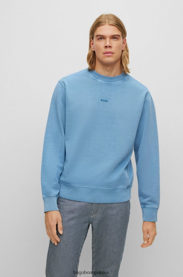 Hugo Boss niebieska bluza z okrągłym dekoltem, wykonana z frotte, z warstwowym logo hugo niebieski R0X0H62099