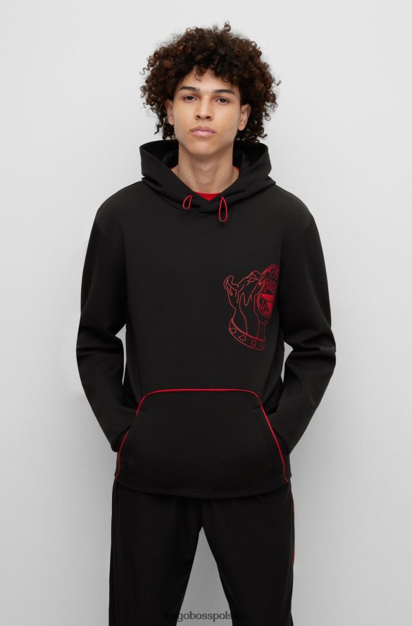 Hugo Boss Czarna bluza z kapturem hugo z mieszanki bawełny z nadrukiem psa i logo kapsuły czarny R0X0H63403