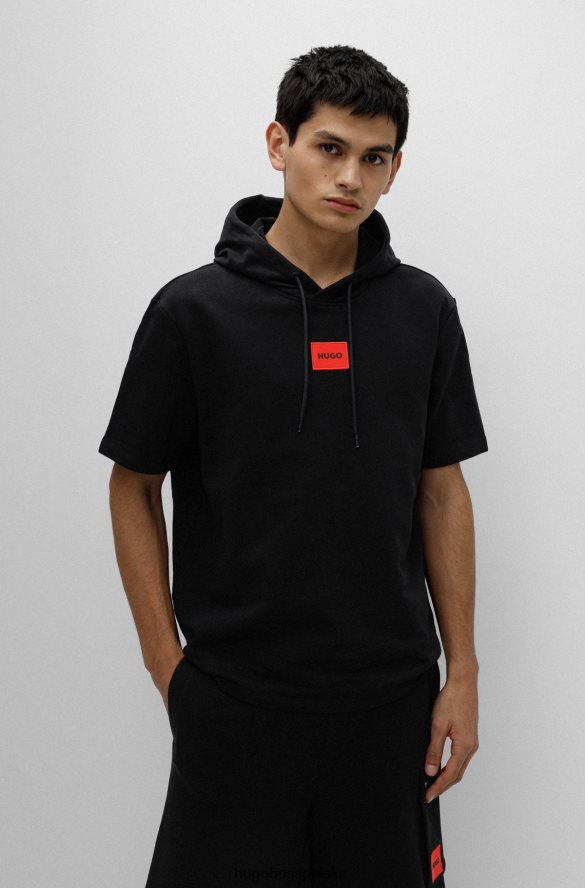 Hugo Boss bawełniana bluza frotte z krótkim rękawem i czerwoną metką z logo hugo czarna czarny R0X0H63363