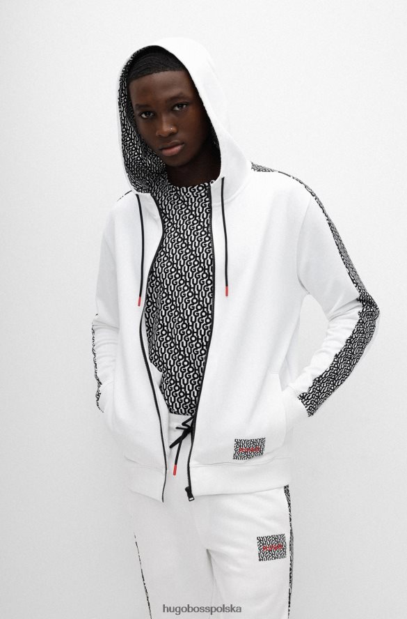 Hugo Boss biała, zapinana na zamek bluza z kapturem i bawełną francusko-frottową Hugo z powtarzającymi się logo biały R0X0H62898